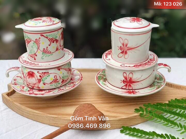 Bộ 2 phin pha cafe, mã 123026 , vẽ hoa sen và chuồn đỏ, gốm sứ bát tràng, tinh vân
