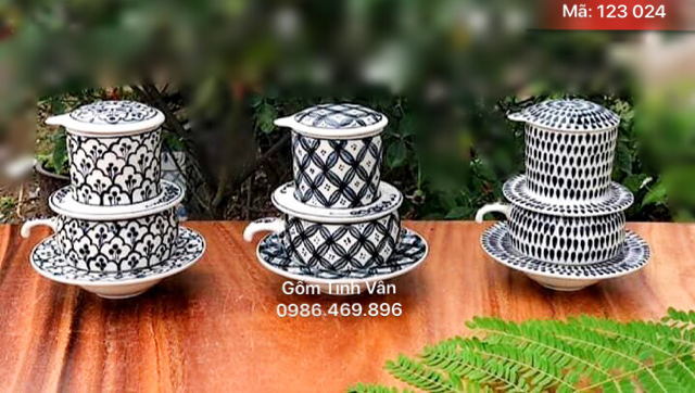 Bộ 3 phin pha cafe, mã 123024, vẽ hoa bèo, hoa chanh, hạt mưa xanh đen, gốm sứ bát tràng, tinh vân