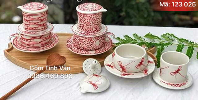 Bộ 3 phin pha cafe, mã 123025, vẽ hoa dây đỏ, gốm sứ bát tràng, tinh vân