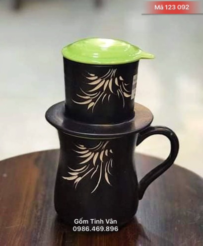 Bộ ly sứ, phin pha cafe, mã 123029, men đen và xanh cốm, khắc lá trúc, ly 300ml, gốm bát tràng, tinh vân