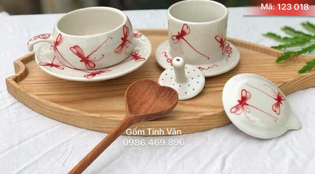 Bộ phin pha cafe, mã 123018, vẽ tay chuồn chuồn ớt, gốm sứ bát tràng, tinh vân