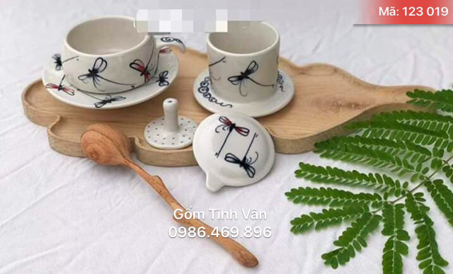 Bộ phin pha cafe, mã 123019, vẽ tay chuồn chuồn kim, gốm sứ bát tràng, tinh vân