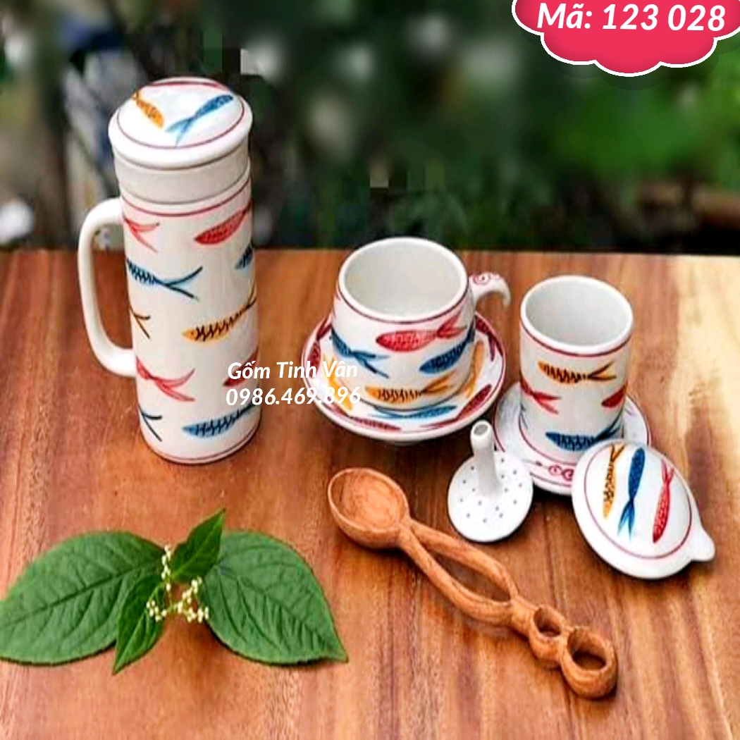 Ly sứ lọc trà, phin cafe cá màu, mã 123028, gốm bát tràng, tinh vân
