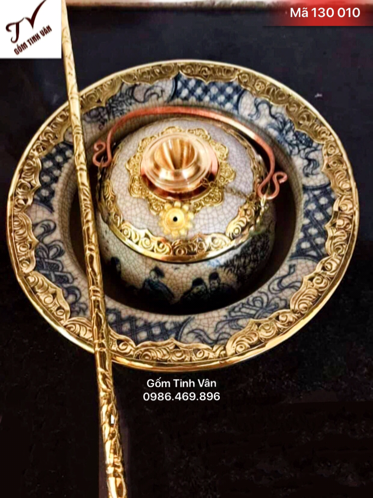 Bát điếu rạn cổ bọc đồng, mã 130010, se đồng, đường kính 22 cm, vẽ cảnh sơn thủy tình, gốm sứ bát tràng, tinh vân