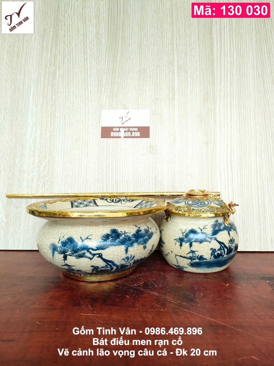 Bát điếu men rạn cổ, mã 130030, bọc viền đồng cao cấp, se điếu đồng, vẽ cảnh lão vọng câu cá, đk 20 cm, gốm sứ bát tràng tinh vân