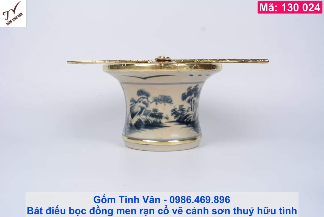 Bát điếu men rạn cổ, mã 130024, vẽ tay cảnh sơn thuỷ hữu tình, đk 20 cm, cao 23 cm, bộ điếu bát cổ viền đồng, tẩu, nõ đồng, gốm bát tràng tinh vân