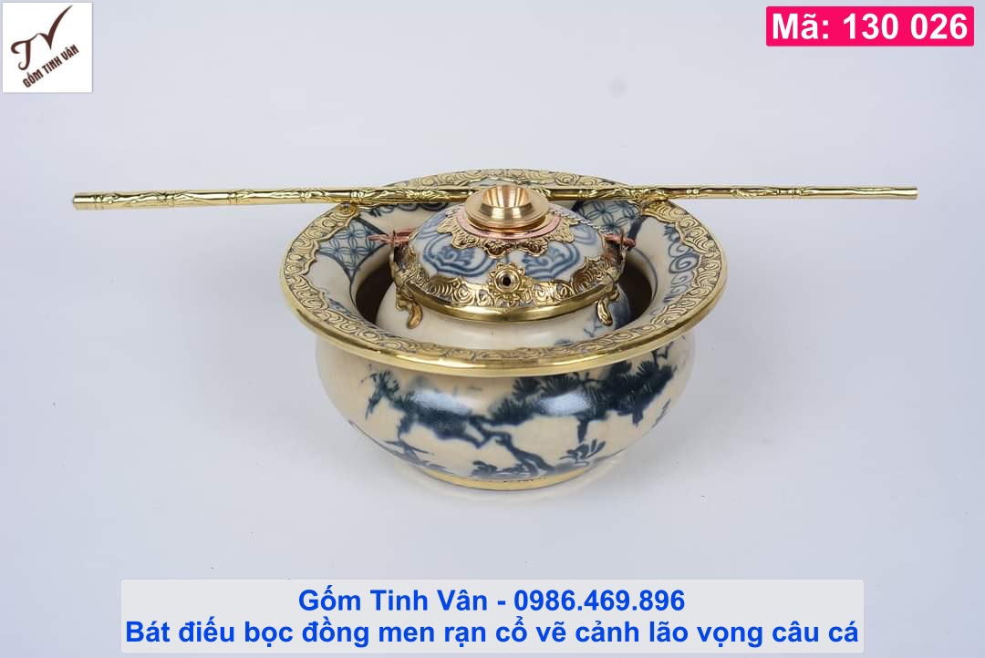 Bát điếu men rạn cổ, mã 130026, vẽ cảnh lão vọng câu cá, đk 20 cao 18 cm, bộ điếu bát cổ viền đồng, tẩu, nõ đồng, gốm bát tràng tinh vân