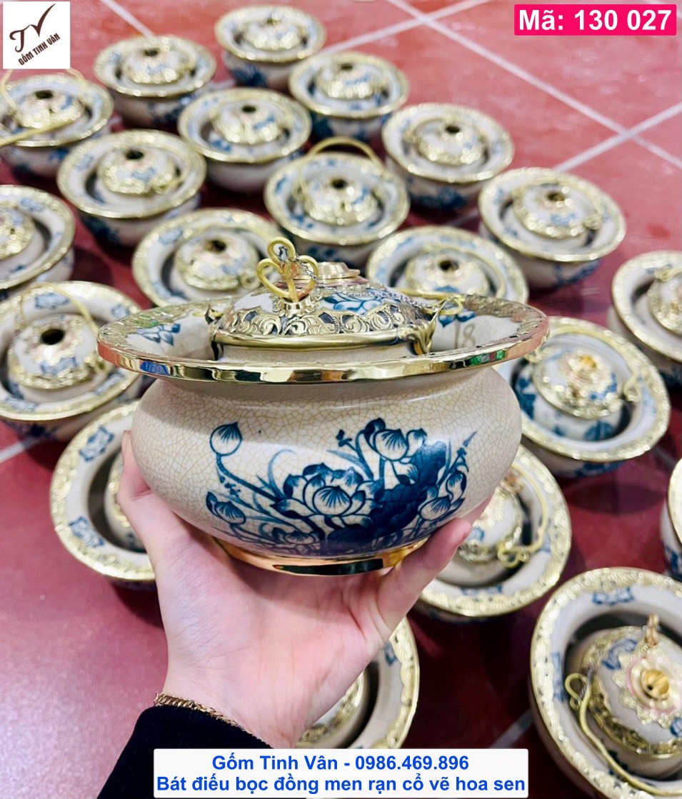 Bát điếu men rạn cổ, mã 130027, vẽ hoa sen, đk 20 cao 18 cm, bộ điếu bát cổ viền đồng, tẩu, nõ đồng, gốm bát tràng tinh vân