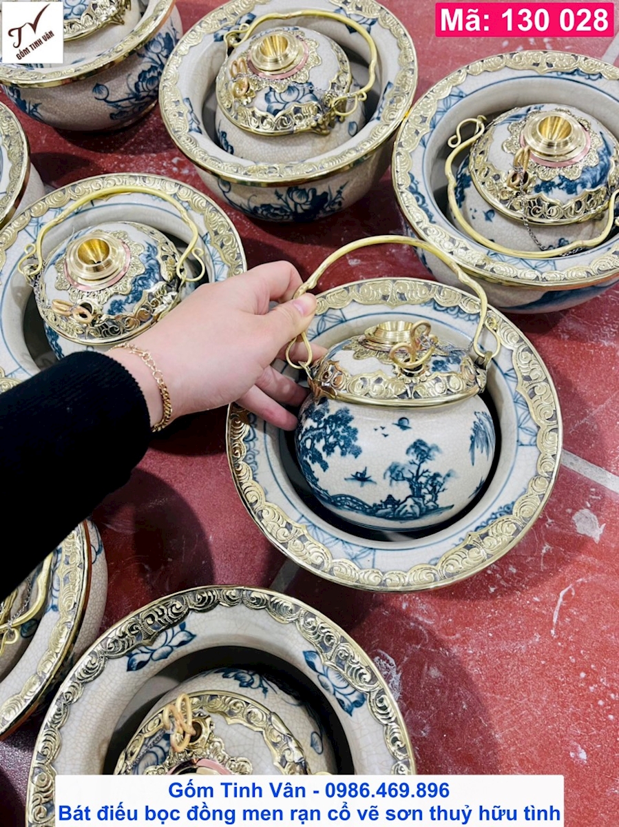 Bát điếu men rạn cổ, mã 130028, vẽ sơn thuỷ hữu tình, đk 20 cao 18 cm, bộ điếu bát cổ viền đồng, tẩu, nõ đồng, gốm bát tràng tinh vân