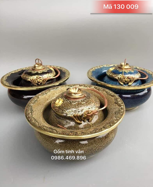 Bộ bát điếu men xanh nâu hoả biến, mã, 130009, chạm khảm đồng, gốm bát tràng, tinh vân