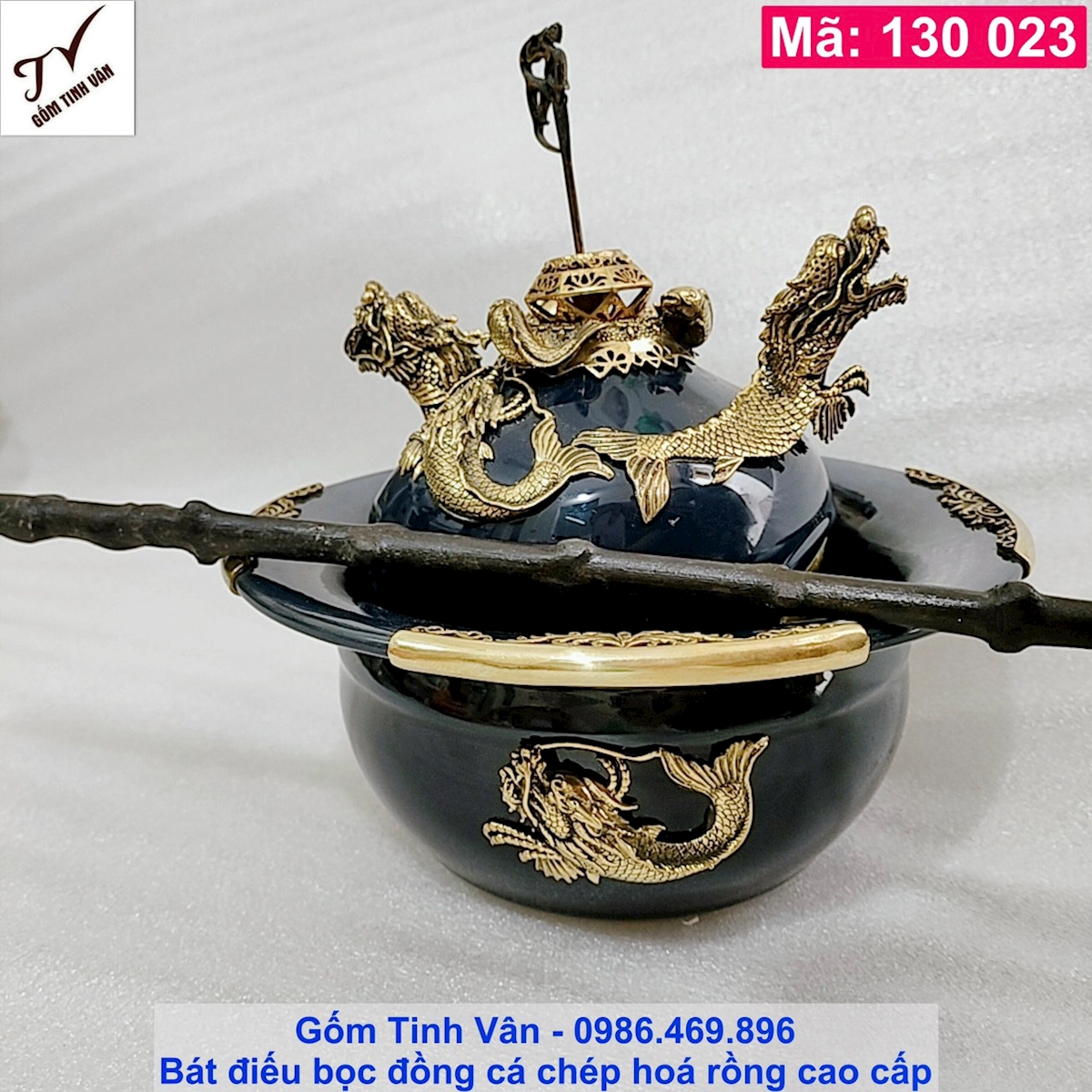 Bộ bát điếu bọc đồng cá chép hoá rồng cao cấp, mã 130023, men xanh đen, hoa văn chạm khắc tinh xảo, đẳng cấp, gốm sứ bát tràng tinh vân