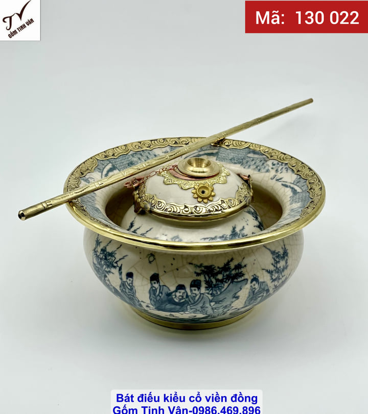 Bộ bát điếu men rạn cổ, vẽ tay cảnh trúc lâm thất hiền, viền đồng chạm trổ hoa văn, đường kính 22 cm, mã 130022, xe và nõ điếu bằng đồng sang trọng, chạm trổ công phu tinh xảo, gốm sứ bát tràng tinh vân