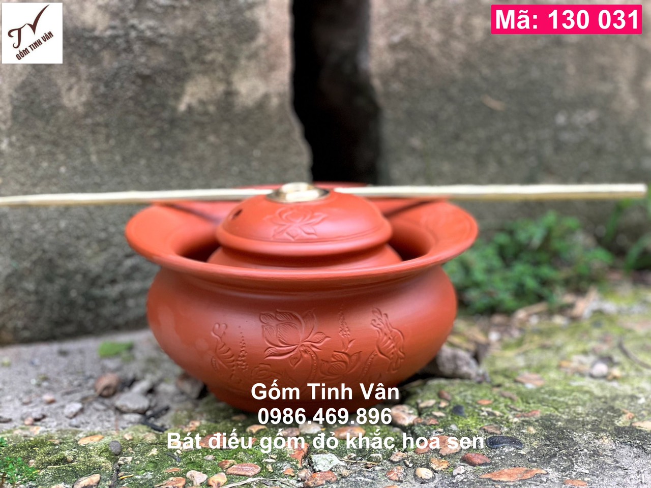 Điếu bát gốm đỏ, mã 130031, khắc tay hoa sen, nõ và se đồng, gốm bát tràng, tinh vân