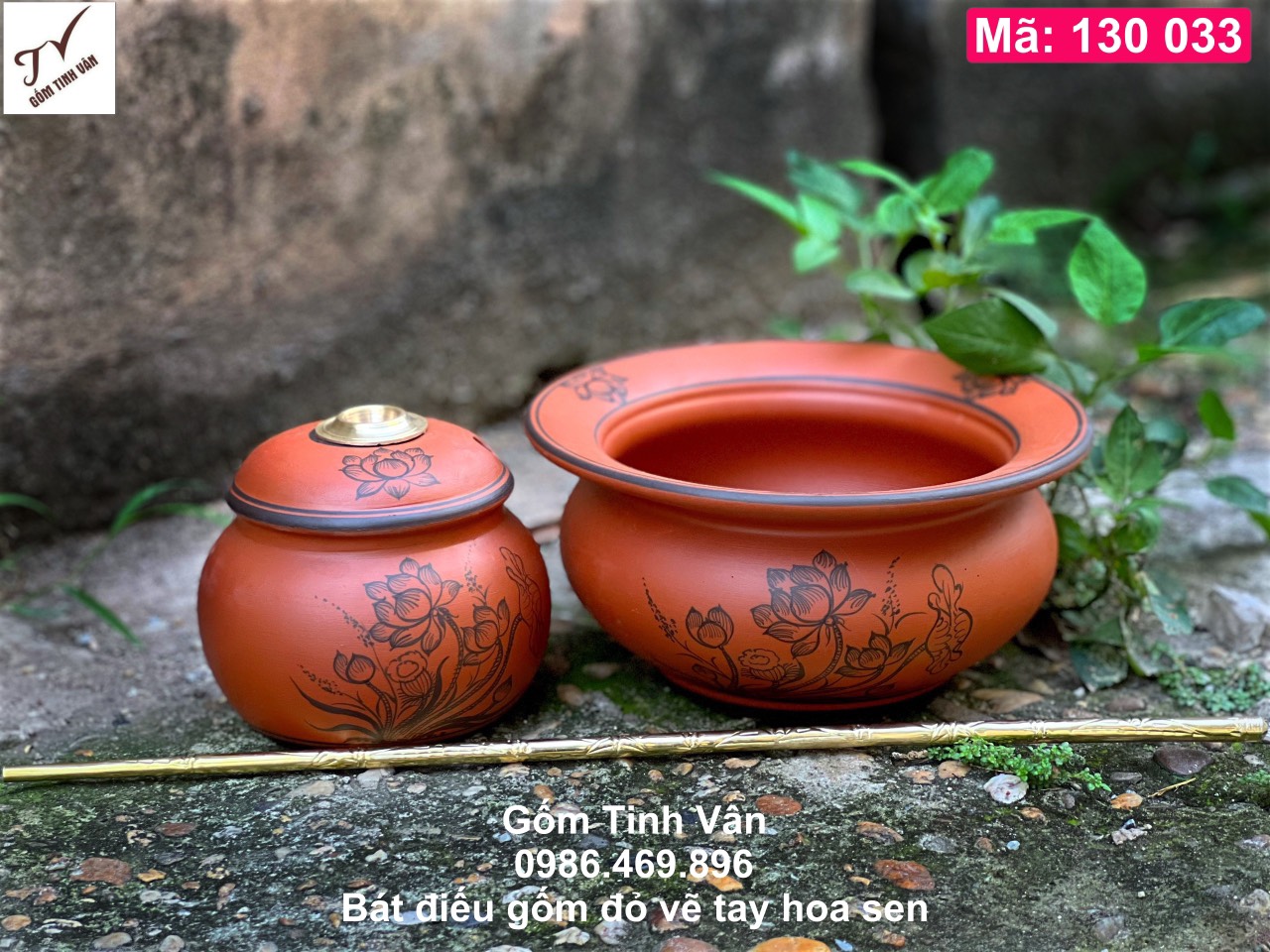 Điếu bát gốm đỏ, mã 130033, vẽ tay hoa sen, nõ và se đồng, gốm bát tràng, tinh vân