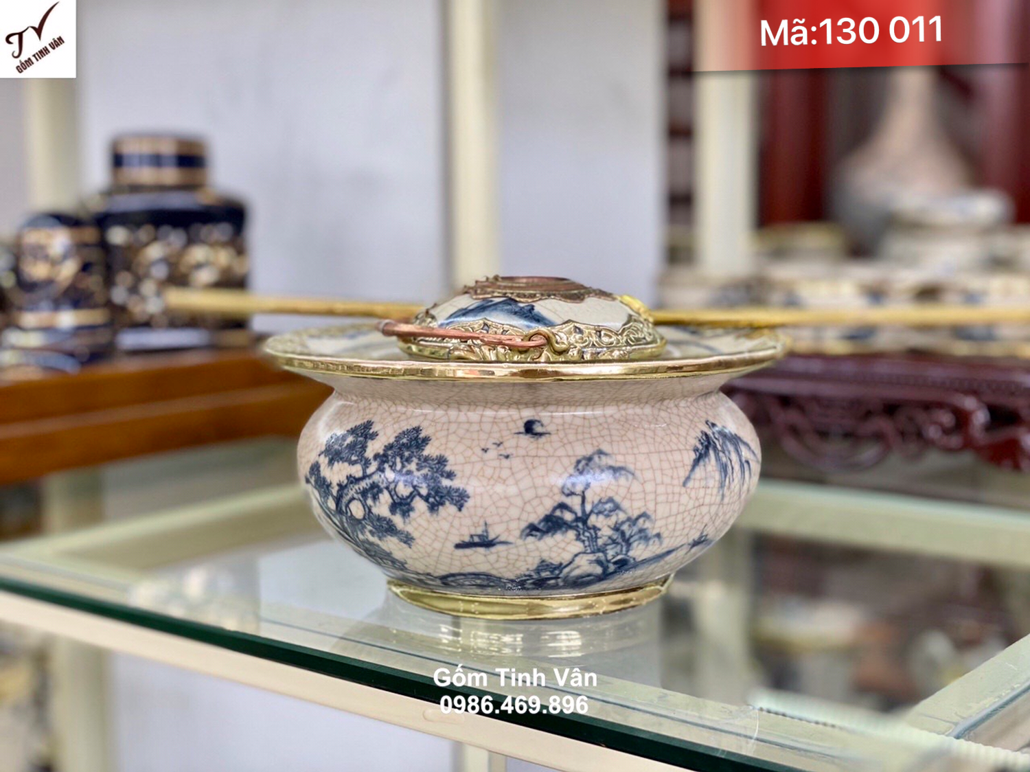 Bộ bát điếu men rạn cổ bọc đồng, mã 130011, đk 20, cao 10 cm, se đồng, hoa văn vẽ tay cảnh sơn thuỷ hữu tình, bát điếu gốm cổ bát tràng cao cấp