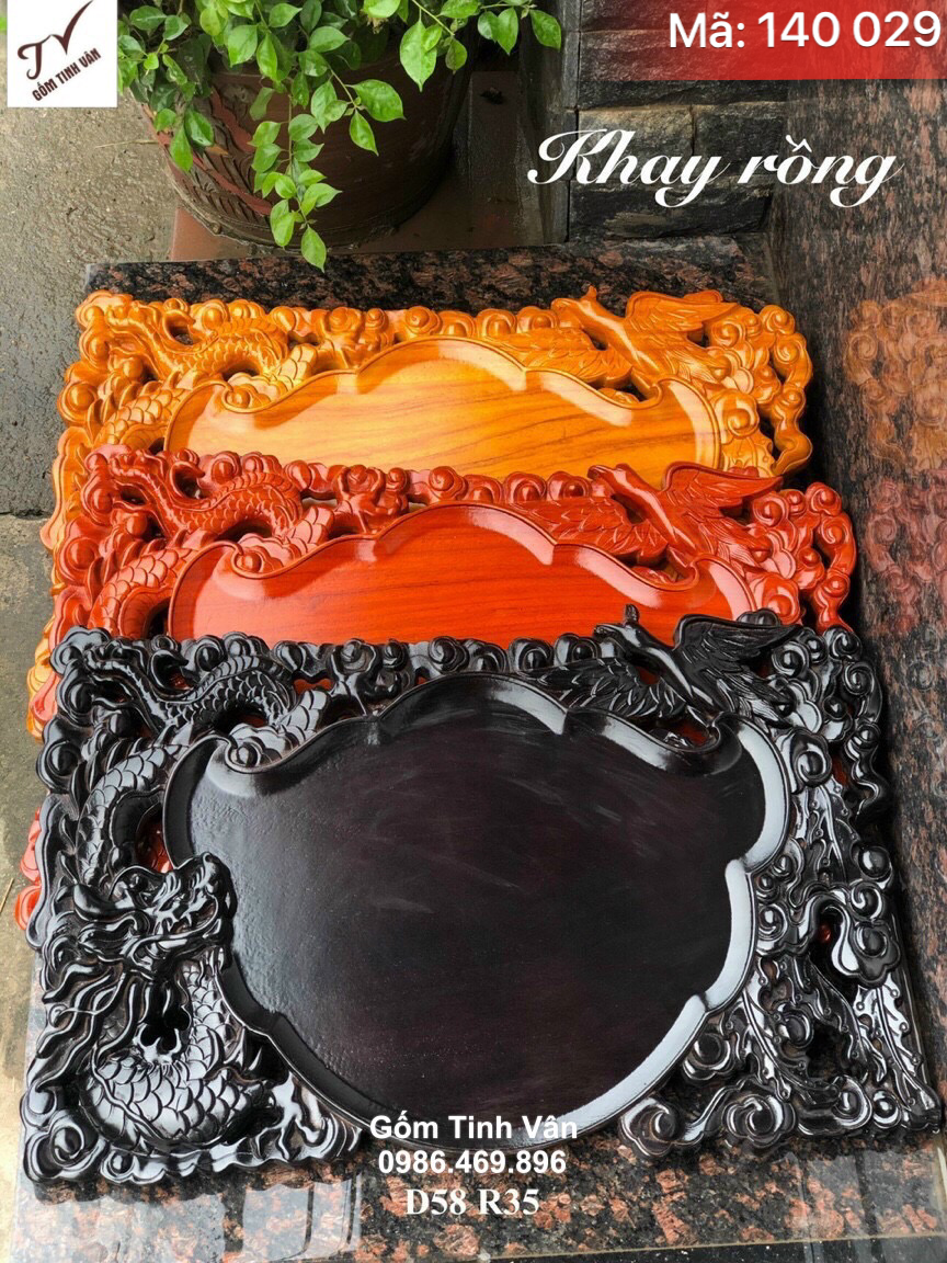 1 Khay chạm khắc rồng đen gỗ hương nguyên khối, mã 140029, kích thước dài 58 rộng 35 cm, hoa văn chạm trổ tỉ mỉ, công phu, bàn trà gỗ sang trọng, khay gỗ để bộ trà tinh vân