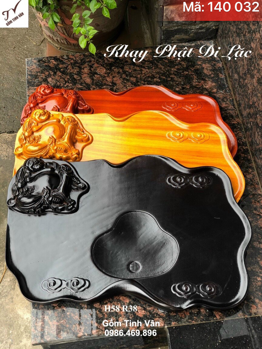 1 Khay phật di lặc đỏ gỗ hương nguyên khối, mã 140032, dài 58 rộng 38 cm, hoa văn chạm khắc tinh xảo, bàn trà phong thuỷ gỗ hương gốm tinh vân