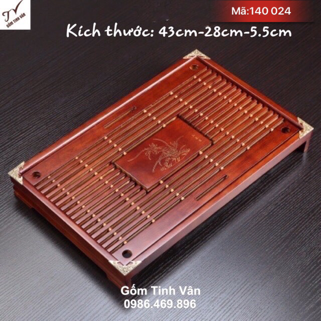 Khay trà gỗ 2 ngăn, mã 140024, màu nâu cánh gián đậm, kích thước 43x28x5.5 cm, bàn trà tre trúc, có ngăn nhựa đựng nước, khay gỗ gốm tinh vân