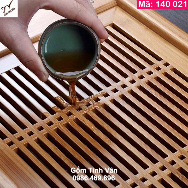 Khay trà tre trúc 2 ngăn, mã 140021, khay gỗ đựng bộ bình trà, có ngăn nhựa đựng nước, bàn trà gốm tinh vân