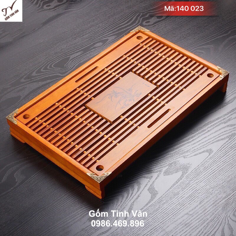 Khay trà gỗ 2 ngăn, mã 140023, màu nâu cánh gián, kích thước 43x28x5.5 cm, bàn trà tre trúc, có ngăn nhựa đựng nước, khay gỗ gốm tinh vân