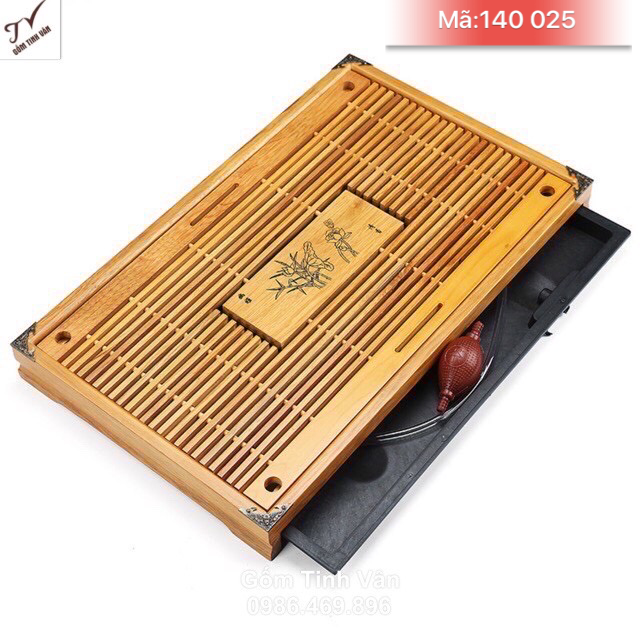 Khay trà gỗ 2 ngăn, mã 140025, màu tre tự nhiên, kích thước 43x28x5.5 cm, bàn trà tre trúc, có ngăn nhựa đựng nước, khay gỗ gốm tinh vân