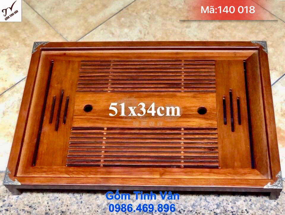 Khay trà, bàn trà gỗ 2 ngăn, mã 140018, kích thước 51x34 cm, màu nâu sang trọng, 4 góc chạm đồng, phù hợp nhiều bộ trà, nâng tầm giá trị bộ bình trà, khay trà gốm tinh vân