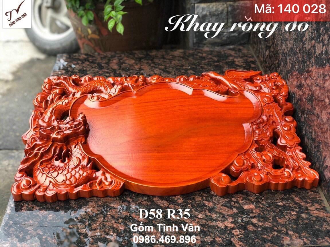 Khay chạm khắc rồng đỏ gỗ hương nguyên khối, mã 140028, kích thước dài 58 rộng 35 cm, hoa văn chạm trổ tỉ mỉ, công phu, bàn trà gỗ sang trọng, khay gỗ để bộ trà tinh vân