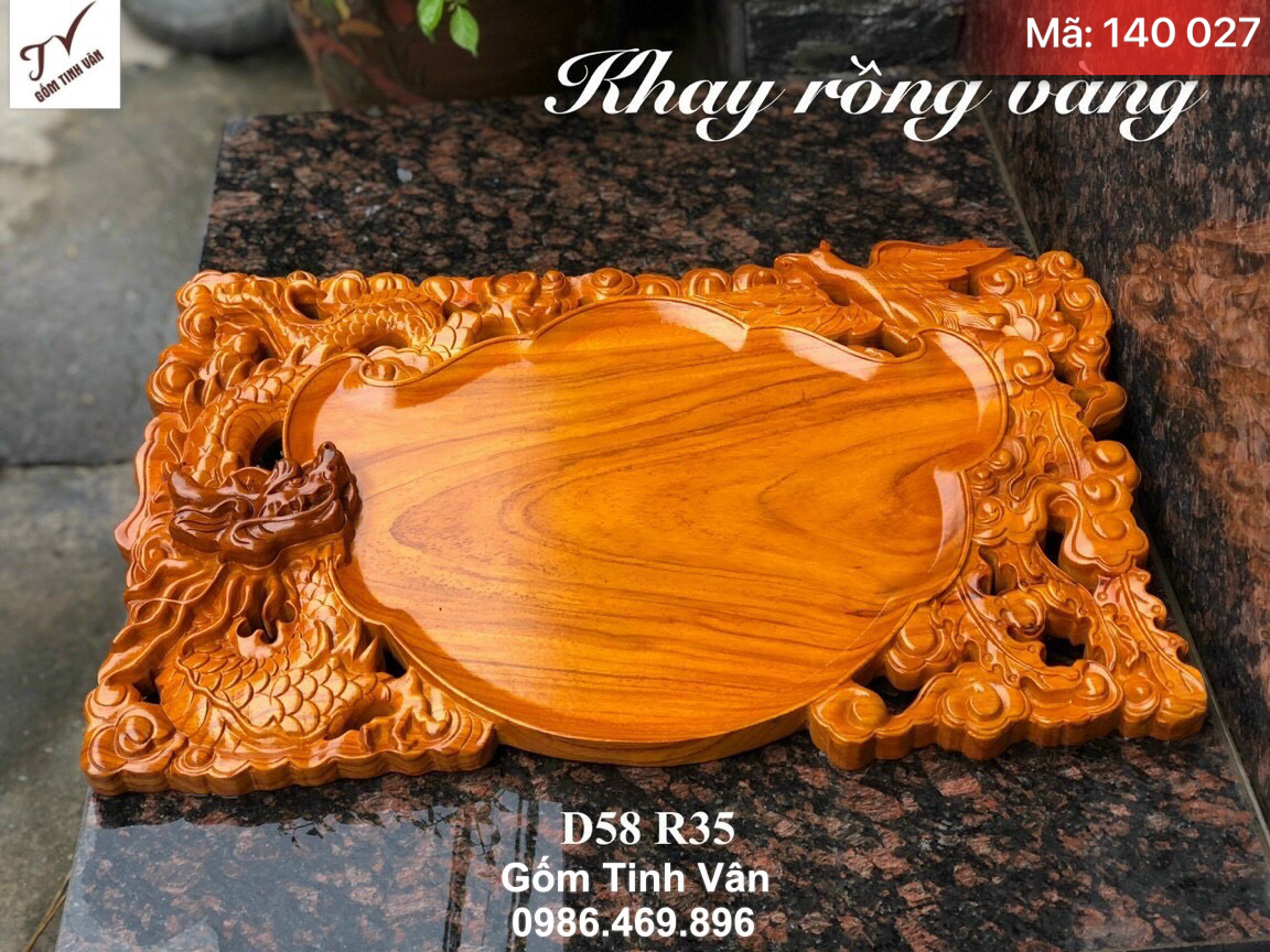 Khay chạm khắc rồng vàng gỗ hương nguyên khối, mã 140027, kích thước dài 58 rộng 35 cm, hoa văn chạm trổ tỉ mỉ, công phu, bàn trà gỗ sang trọng, khay gỗ để bộ trà tinh vân
