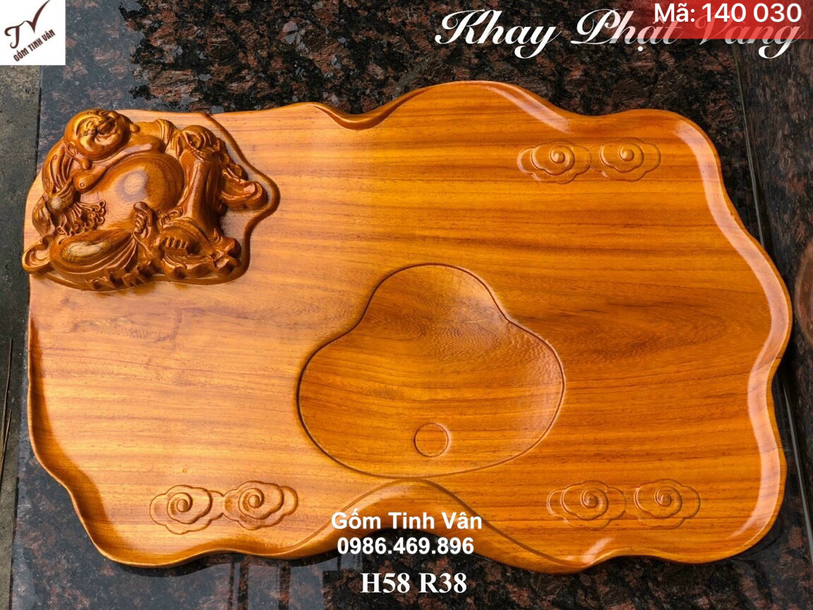 Khay phật di lặc vàng gỗ hương nguyên khối, mã 140030, dài 58 rộng 38 cm, hoa văn chạm khắc tinh xảo, bàn trà phong thuỷ gỗ hương gốm tinh vân