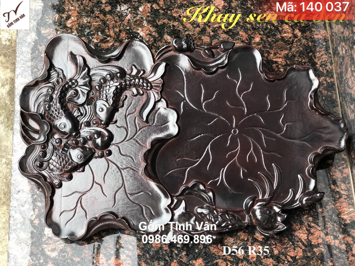 Khay sen cá màu đen gỗ hương nguyên khối, mã 140037, kích thước 56x35 cm, bàn gỗ để bộ trà sang trọng, khay trà gỗ tinh vân