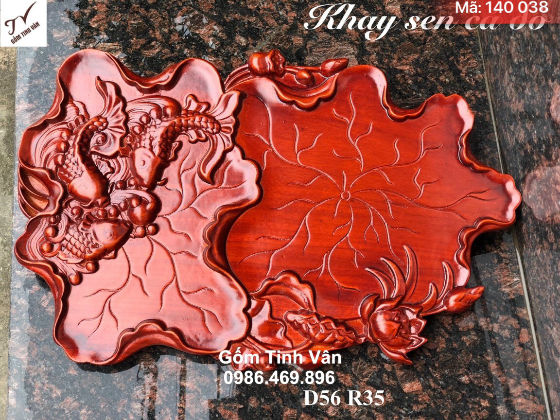 Khay sen cá màu đỏ gỗ hương nguyên khối, mã 140038, kích thước 56x35 cm, bàn gỗ để bộ trà sang trọng, khay trà gỗ tinh vân