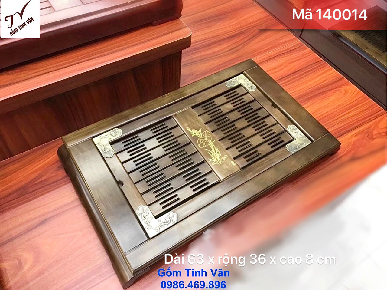 Khay trà gỗ nâu đen 2 ngăn viền đồng sang trọng, mã 140014, kích thước 63x36x8 cm, khay trà đẹp, gốm tinh vân