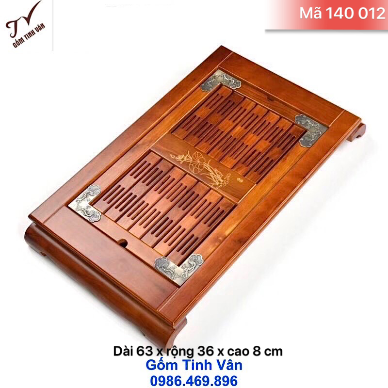 Khay trà gỗ nâu viền đồng sang trọng, mã 140012, kích thước 63x36x8 cm, khay trà đẹp, gốm tinh vân