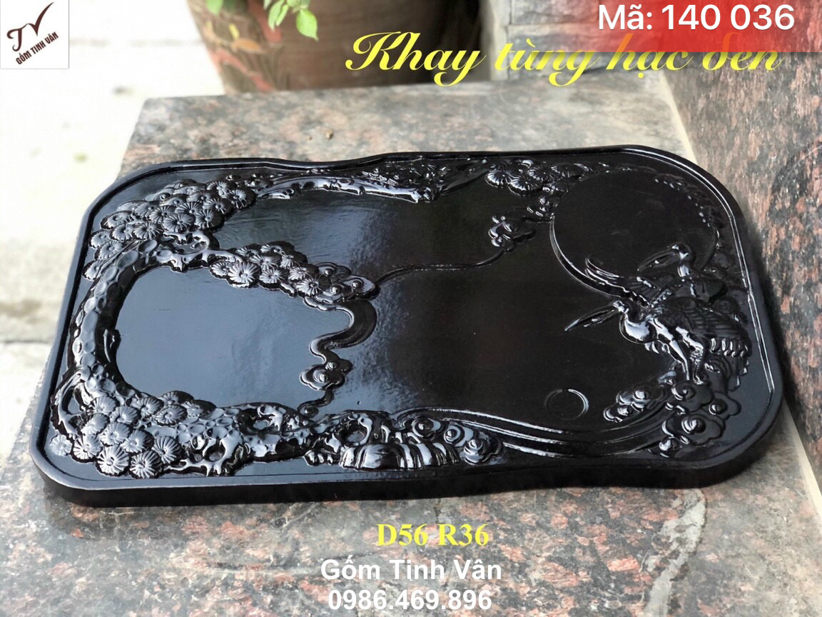 Khay tùng hạc màu đen gỗ hương nguyên khối, mã 140036, kích thước 56x36 cm, bàn gỗ để bộ trà sang trọng, khay trà gỗ tinh vân