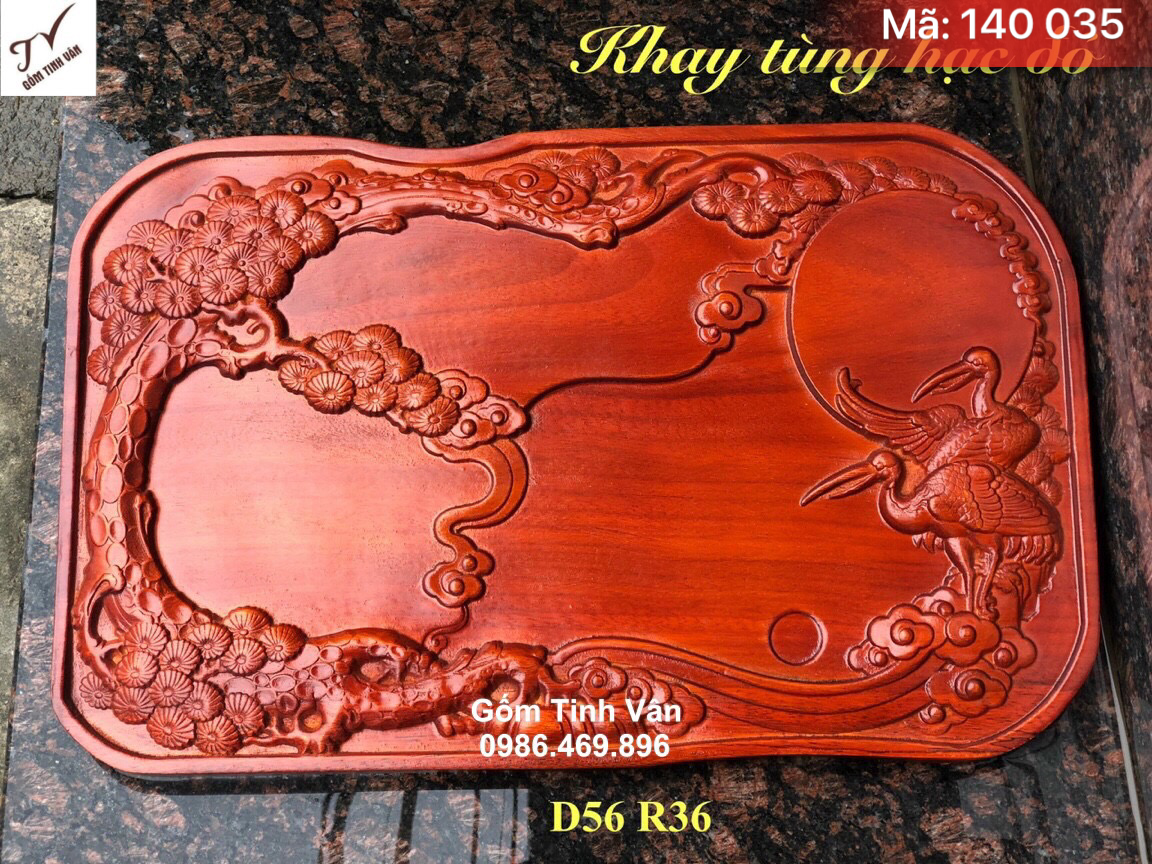 Khay tùng hạc màu đỏ gỗ hương nguyên khối, mã 140035 , kích thước 56x36 cm, bàn gỗ để bộ trà sang trọng, khay trà gỗ tinh vân