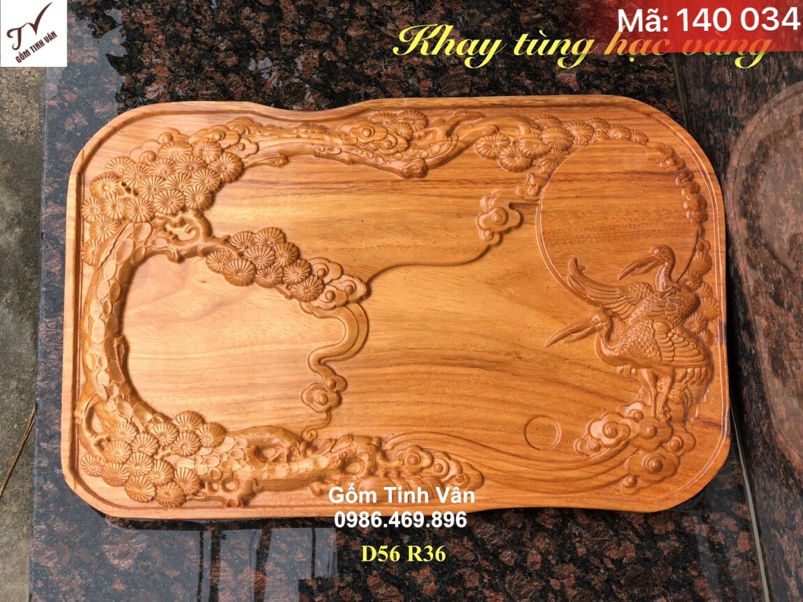 Khay tùng hạc màu vàng gỗ hương nguyên khối, mã 140034, kích thước 56x36 cm, bàn gỗ để bộ trà sang trọng, khay trà gỗ tinh vân