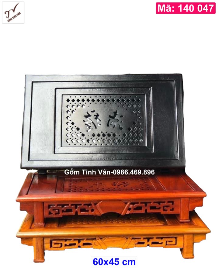 Khay gỗ, bàn trà, mã 140047, gỗ hương khắc chữ phúc đức,cỡ 60x45cm, 2 ngăn, gốm bát tràng tinh vân