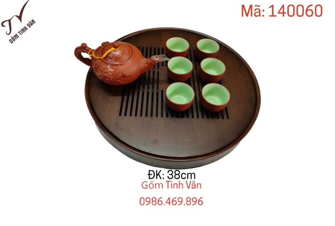 Khay gỗ cao cấp, mã 1400 560,hình tròn,nâu gỗ,2 ngăn,sọc ngang, để bộ bình trà, ấm chén, đơn giản,đẹp,đường kính 38cm