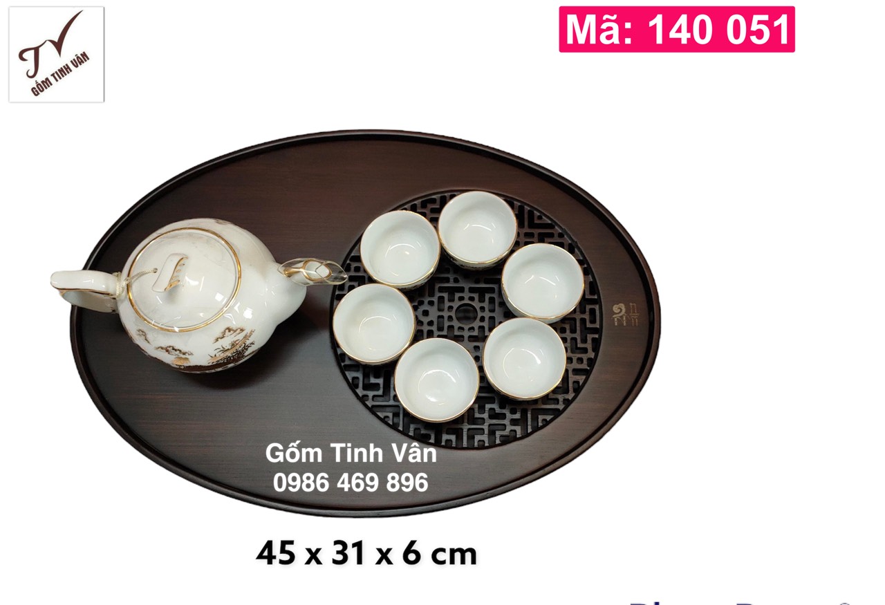 Khay gỗ mun, mã 140051, oval, bầu dục, đựng bộ bình trà, ấm chén, 2 ngăn, 45 x 31 cm, khắc  hoa văn, đẹp, đơn giản