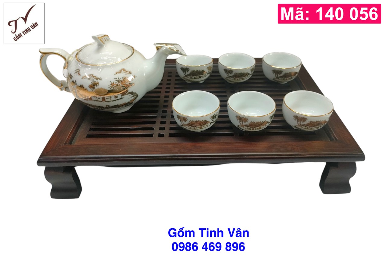 Khay gỗ mun, mã 140056, chữ nhật, nâu đen, bàn gỗ, đựng bộ bình trà, ấm chén, 2 ngăn, sọc dọc, 37x26 cm