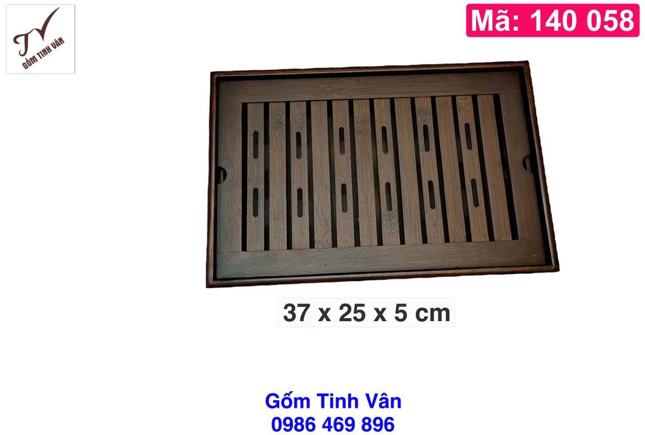 Khay gỗ mun cao cấp, mã 140058, chữ nhật, đựng bộ bình trà, ấm chén, 2 ngăn, 37 x 25 cm, sọc ngang, đẹp, đơn giản