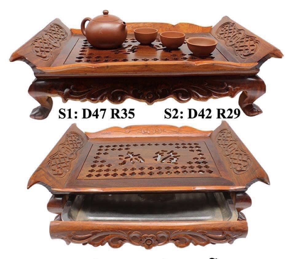 Khay trà cuốn thư, gỗ hương, mã 140043, cỡ 47x35cm, chạm khắc hoa văn tinh xảo, gốm tinh vân