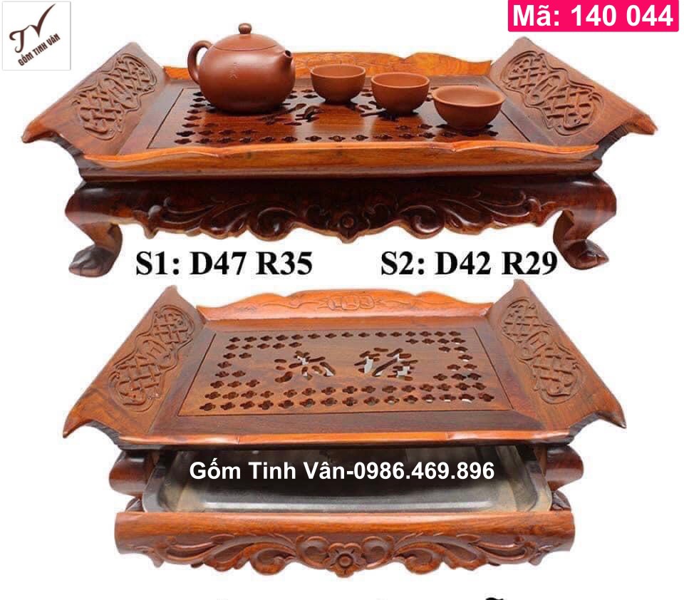 Khay trà cuốn thư, gỗ hương, mã 140044, cỡ 42x29 cm, chạm khắc hoa văn tinh xảo, gốm tinh vân