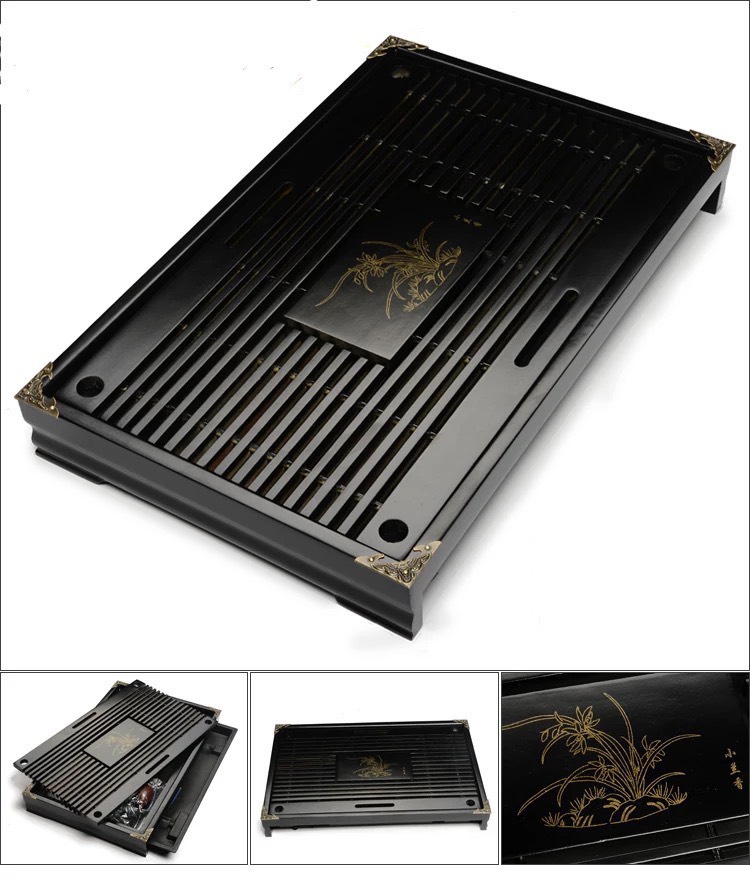 Khay trà gỗ 2 ngăn, mã 140040  kích thước 43x28x5 cm, viền đồng, có khay nhựa hứng nước, gốm tinh vân