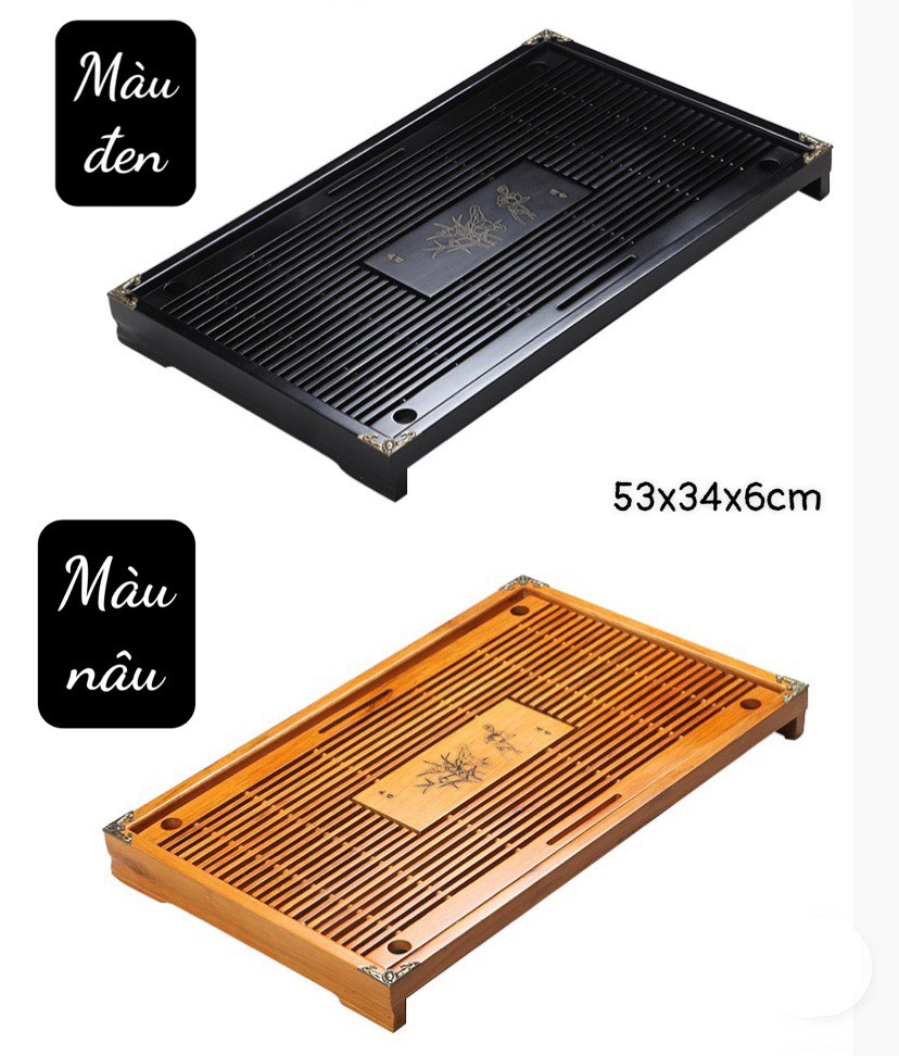 Khay trà gỗ 2 ngăn, mã 140041  kích thước 53x34x6cm, viền đồng, có khay nhựa hứng nước, gốm tinh vân, bát tràng