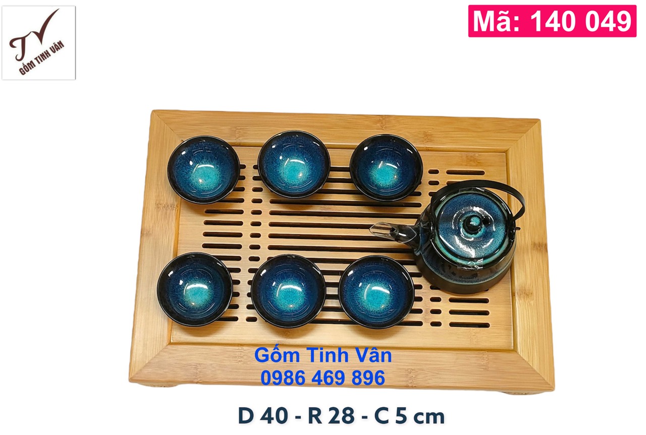 Khay tre, gỗ, mã 140049, chữ nhật, đựng bộ bình trà, ấm chén, 2 ngăn, 40x28 cm, kiểu dáng đơn giản, sọc dọc