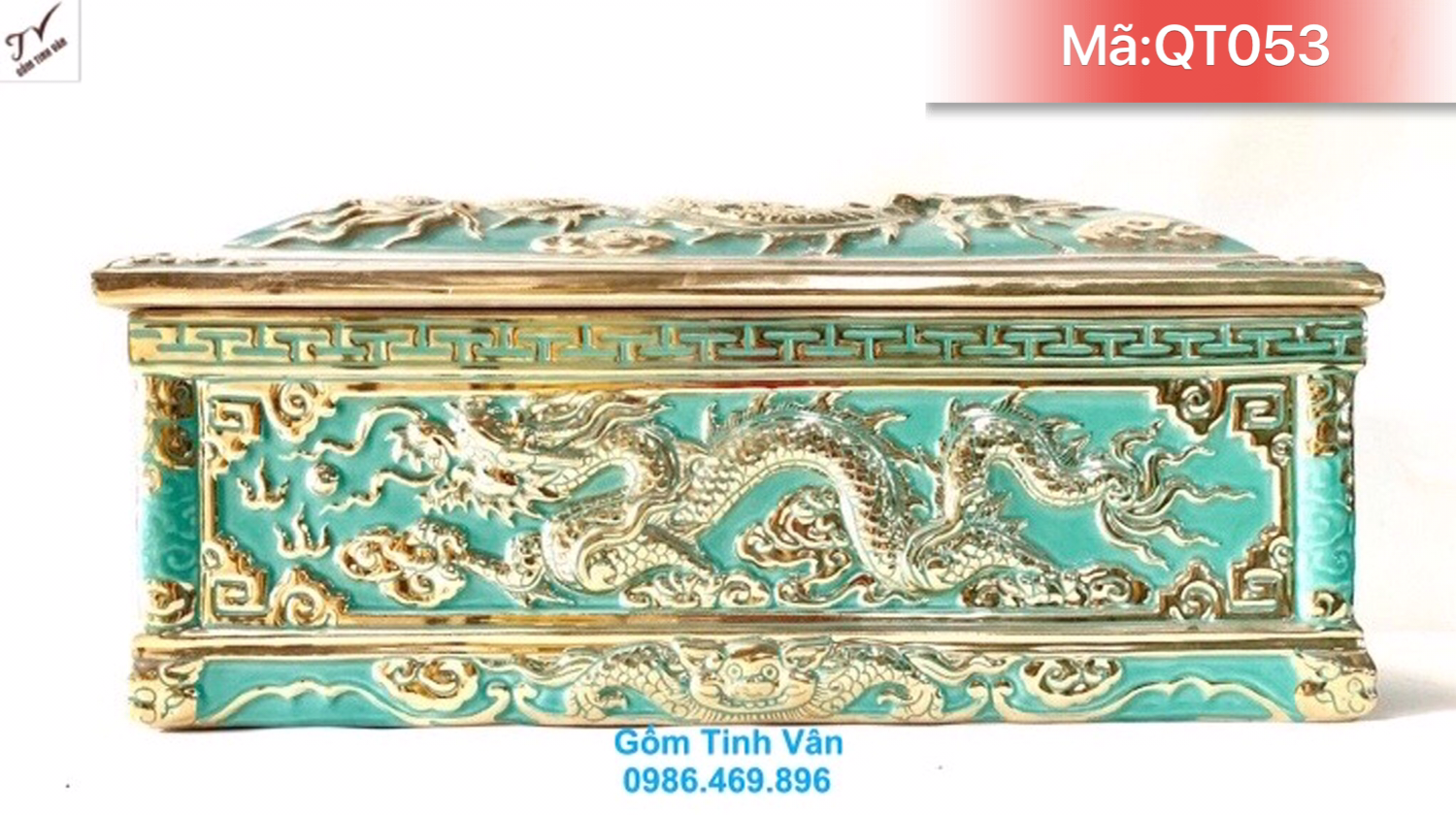 Quách tiểu cải táng mái chùa 3 mái,  mã QT053, men xanh ngọc vẽ vàng 24 k cao cấp, quách 76x37x43 cm, tiểu 67x33x27 cm, quách tiểu bốc mộ gốm bát tràng
