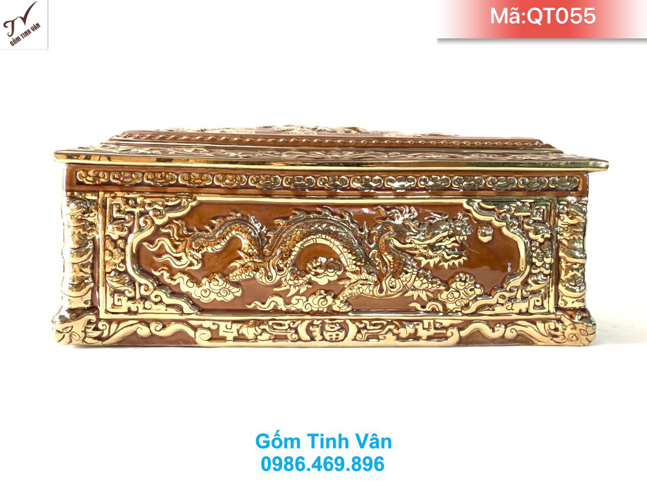 Quách tiểu cải táng mái vòm, mã QT055, men nâu vàng hoàng thổ, vẽ vàng 24 k cao cấp, quách 76x37x43 cm, tiểu 67x33x27 cm, quách tiểu bốc mộ gốm bát tràng