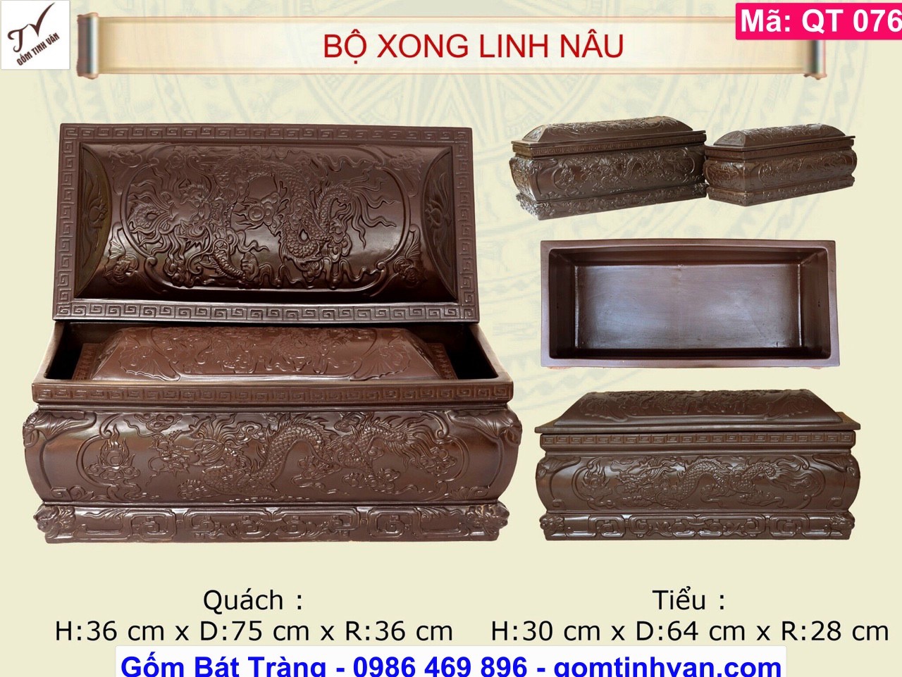 Bộ quách tiểu gốm đỏ đất nung nâu đen, mã QT076, song linh long phụng đắp nổi 3D, hoa văn chạm trổ tinh xảo, hũ đựng tro cốt, sang cát, bốc mộ, cải táng, hoả táng, gốm bát tràng tinh vân
