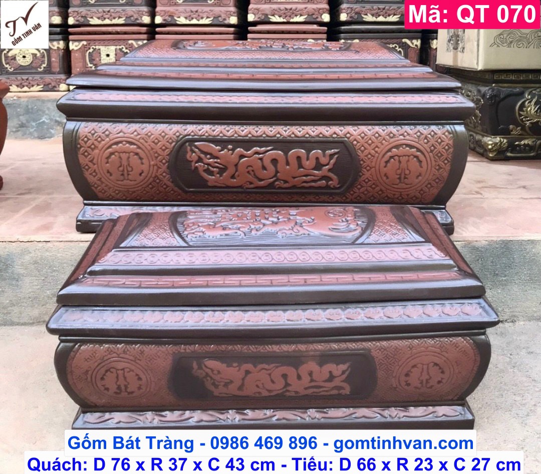 Bộ quách tiểu gốm đỏ đất nung nâu đỏ, mã QT070, hoa văn ngũ phúc kim tiền, rồng thời lý, kết hợp vẽ vàng, hoa văn chạm trổ tinh xảo, hũ đựng tro cốt, sang cát, bốc mộ, cải táng, hoả táng, gốm bát tràng tinh vân